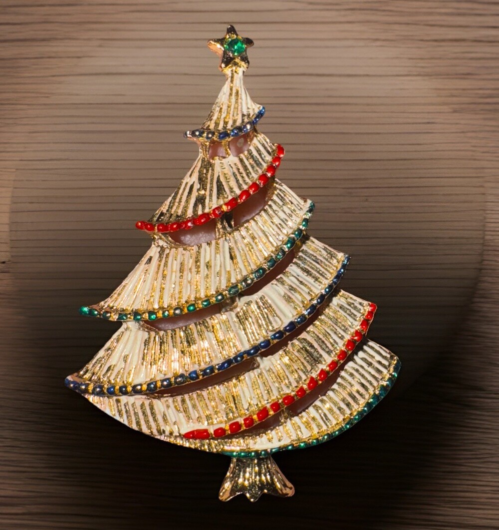 Vintage Gerrys Flocked Christmas Tree Multicolor Enamel Garland Gold Tone Brooch